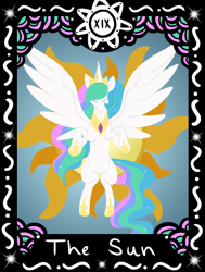 Size: 714x945 | Tagged: safe, artist:misskanabelle, princess celestia, alicorn, pony, g4, cutie mark background, eyes closed, female, hoof shoes, horn, mare, peytral, rearing, signature, solo, spread wings, sun, wings