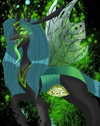 Size: 768x960 | Tagged: safe, artist:_goddesskatie_, queen chrysalis, changeling, changeling queen, g4, crown, egg, eyelashes, fangs, female, internal, jewelry, open mouth, pregnant, raised hoof, regalia, solo, tongue out