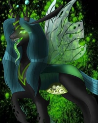 Size: 768x960 | Tagged: safe, alternate version, artist:_goddesskatie_, queen chrysalis, changeling, changeling queen, g4, crown, egg, eyelashes, fangs, female, insect wings, internal, jewelry, open mouth, pregnant, raised hoof, regalia, solo, tongue out, transparent flesh, transparent wings, wings