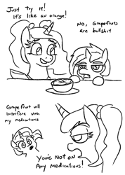 Size: 705x988 | Tagged: safe, artist:jargon scott, oc, oc only, oc:dyxkrieg, oc:syx, alicorn, pony, alicorn oc, black and white, duo, female, filly, food, grapefruit, grayscale, horn, magical lesbian spawn, monochrome, offspring, parent:oc:dyx, parent:oc:luftkrieg, parent:oc:nyx, parents:nyxdyx, parents:oc x oc, product of incest, simple background, sketch, white background, wingding eyes, wings