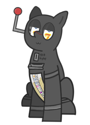 Size: 785x1084 | Tagged: safe, artist:twinet, oc, oc only, oc:house, object pony, original species, pony, robot, robot pony, :3, bits, female, lever, looking at you, mare, no mane, no tail, ponified, simple background, sitting, slot machine, slot machine pony, smug, solo