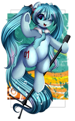 Size: 2187x3509 | Tagged: safe, artist:pridark, kotobukiya, earth pony, pony, anime, female, frog (hoof), hatsune miku, high res, kotobukiya hatsune miku pony, looking at you, mare, microphone, open mouth, ponified, simple background, smiling, smiling at you, solo, that was fast, transparent background, underhoof, vocaloid