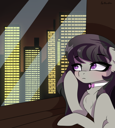 Size: 1800x2000 | Tagged: safe, artist:lullam0on, octavia melody, earth pony, pony, g4, blushing, chest fluff, city, cityscape, female, hoof on cheek, mare, night, signature, solo, tired, window