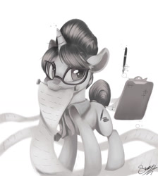 Size: 1024x1144 | Tagged: safe, artist:sketchiix3, raven, pony, unicorn, g4, checklist, clipboard, fountain pen, glasses, grayscale, hair bun, looking at you, monochrome, necktie, scroll, secretary, simple background, solo, white background