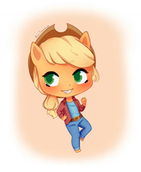 Size: 1296x1579 | Tagged: safe, artist:misssqueorge, part of a set, applejack, earth pony, anthro, g4, ambiguous facial structure, applejack's hat, chibi, clothes, colored pupils, cowboy hat, cute, grin, hat, jackabetes, jeans, pants, shirt, signature, simple background, smiling, solo