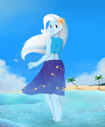 Size: 1698x2048 | Tagged: safe, artist:biocrine, trixie, equestria girls, g4, beach, clothes, female, looking back, palm tree, scenery, solo, swimsuit, tree, water, windswept hair