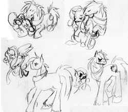 Size: 656x576 | Tagged: safe, artist:supah-panda, big macintosh, fluttershy, earth pony, pegasus, pony, g4, female, grayscale, male, mare, monochrome, pencil drawing, ship:fluttermac, shipping, size difference, sketch, sketch dump, stallion, straight, traditional art