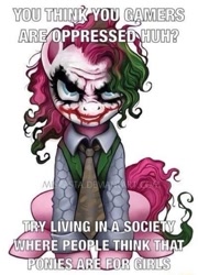 Size: 553x767 | Tagged: safe, artist:miszasta, pinkie pie, earth pony, pony, g4, bronies rise up, caption, female, image macro, mare, simple background, solo, text, the joker, we live in a society, white background