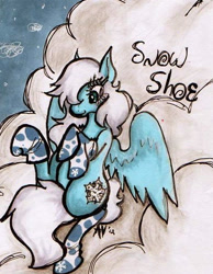 Size: 472x608 | Tagged: safe, artist:supah-panda, oc, oc only, oc:snowshoe, pegasus, pony, clothes, cloud, female, lying down, lying on a cloud, mare, on a cloud, socks, solo, traditional art