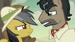 Size: 1920x1080 | Tagged: safe, screencap, daring do, doctor caballeron, earth pony, pegasus, pony, daring done?, g4, season 7, ascot tie, clothes, cute, daring dorable, female, hat, male, mare, pith helmet, shirt, stallion