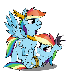 Size: 4560x4800 | Tagged: safe, artist:dacaoo, queen chrysalis, rainbow dash, oc, oc:athena (shawn keller), oc:lustrous (shawn keller), pegasus, pony, guardians of pondonia, g4, bondage, clothes, cosplay, costume, crown, disguise, disguised changeling, double rainbow, duality, floppy ears, frown, jewelry, necklace, rainbond dash, regalia, rope, rope bondage, self ponidox, simple background, smiling, smug, spread wings, tied up, transparent background, underhoof, wings