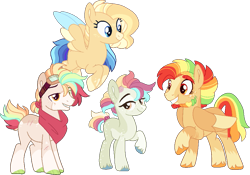 Size: 955x668 | Tagged: safe, artist:klawiee, oc, oc only, earth pony, pegasus, pony, base used, base:selenaede, beard, colored hooves, facial hair, goggles, magical lesbian spawn, multicolored hair, neckerchief, offspring, parent:applejack, parent:rainbow dash, parents:appledash, siblings, simple background, transparent background, unshorn fetlocks