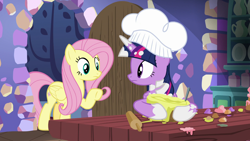 Size: 1920x1080 | Tagged: safe, screencap, fluttershy, twilight sparkle, alicorn, pegasus, pony, a health of information, g4, season 7, chef's hat, duo, duo female, female, hat, mare, messy mane, pointing, twilight sparkle (alicorn)