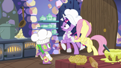 Size: 1920x1080 | Tagged: safe, screencap, fluttershy, spike, twilight sparkle, alicorn, dragon, pegasus, pony, a health of information, g4, season 7, apron, butt, butt pushing, butt touch, chef's hat, clothes, female, food, hat, hoof on butt, male, mare, messy mane, muffin, naked apron, open mouth, oven mitts, plot, pushing, shocked, trio, twilight sparkle (alicorn), twilight's castle