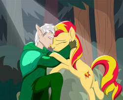 Size: 8201x6664 | Tagged: safe, artist:cactuscowboydan, sunset shimmer, oc, oc:caledor the faithful, elf, pony, unicorn, g4, affection, elf ears, eyes closed, forehead, forehead touch, hand, non-pony oc, nuzzling, petting, smiling