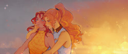 Size: 1656x700 | Tagged: safe, alternate version, artist:stummm, adagio dazzle, sunset shimmer, equestria girls, g4, bare shoulders, blushing, breasts, busty sunset shimmer, female, from behind, hand on chin, lesbian, ponytail, seductive, ship:sunsagio, shipping, sleeveless, sunset, teasing
