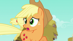Size: 1920x1080 | Tagged: safe, screencap, applejack, earth pony, pony, g4, season 6, the saddle row review, applejack's hat, cowboy hat, female, hat, mare, open mouth, running, solo, stetson