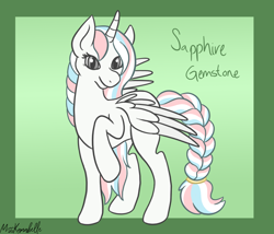 Size: 1750x1500 | Tagged: safe, artist:misskanabelle, oc, oc only, oc:sapphire gemstone, alicorn, pony, abstract background, alicorn oc, braided tail, horn, raised tail, signature, solo, tail, wings