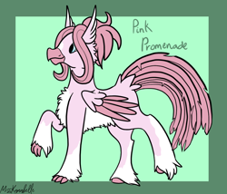 Size: 1750x1500 | Tagged: safe, artist:misskanabelle, oc, oc only, oc:pink promenade, classical hippogriff, hippogriff, abstract background, female, magical lesbian spawn, offspring, parent:pinkie pie, parent:princess skystar, signature, solo, wings