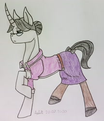 Size: 2387x2777 | Tagged: safe, artist:agdapl, pony, unicorn, clothes, crossover, glasses, high res, horn, miss pauling, ponified, raised hoof, signature, solo, species swap, team fortress 2, traditional art