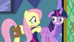 Size: 1920x1080 | Tagged: safe, screencap, fluttershy, twilight sparkle, alicorn, pegasus, pony, a health of information, g4, season 7, butt pushing, butt touch, duo, duo female, female, hoof on butt, mare, out of context, pushing, rump push, twilight sparkle (alicorn)