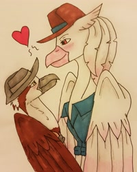 Size: 2704x3385 | Tagged: safe, artist:agdapl, classical hippogriff, griffon, hippogriff, blushing, bust, clothes, crossover, gay, griffonized, hat, heart, high res, hippogriffied, looking at each other, male, signature, smiling, sniper, sniper (tf2), species swap, team fortress 2, traditional art