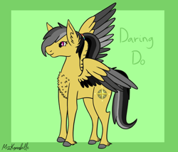 Size: 1750x1500 | Tagged: safe, artist:misskanabelle, daring do, pegasus, pony, g4, abstract background, chest fluff, colored hooves, ear fluff, female, mare, signature, smiling, solo, two toned wings, wings