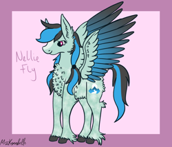 Size: 1750x1500 | Tagged: safe, artist:misskanabelle, oc, oc only, oc:nellie fly, pegasus, pony, abstract background, chest fluff, ear fluff, female, magical lesbian spawn, mare, offspring, parent:daring do, parent:rainbow dash, parents:daringdash, pegasus oc, signature, solo, two toned wings, unshorn fetlocks, wings