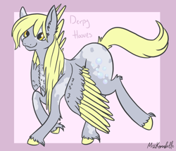 Size: 1750x1500 | Tagged: safe, artist:misskanabelle, derpy hooves, pegasus, pony, g4, abstract background, chest fluff, ear fluff, female, mare, signature, smiling, solo, two toned wings, unshorn fetlocks, wings