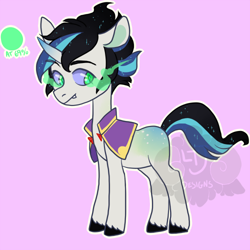 Size: 500x500 | Tagged: safe, artist:lavvythejackalope, oc, oc only, pony, unicorn, clothes, horn, magical gay spawn, male, offspring, parent:king sombra, parent:shining armor, parents:shiningsombra, pink background, simple background, sombra eyes, stallion, unicorn oc, unshorn fetlocks