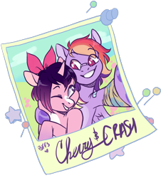 Size: 700x774 | Tagged: safe, artist:lavvythejackalope, oc, oc only, pegasus, pony, unicorn, bow, bust, commission, duo, grin, hair bow, horn, multicolored hair, one eye closed, pegasus oc, photo, rainbow hair, selfie, side hug, simple background, smiling, transparent background, unicorn oc, wink, ych result