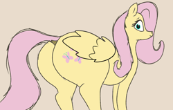 Size: 3774x2404 | Tagged: artist needed, source needed, safe, fluttershy, pegasus, pony, g4, butt, dock, flutterbutt, high res, huge butt, large butt, looking at you, looking back, looking back at you, plot, simple background, tan background, the ass was fat, wings
