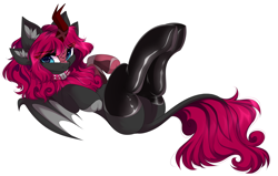 Size: 4992x3179 | Tagged: safe, alternate version, artist:airiniblock, oc, oc only, oc:technika, kirin, winged kirin, rcf community, clothes, collar, female, four ears, kirin oc, latex, latex socks, looking at you, lying down, mare, on back, simple background, socks, solo, spiked collar, thigh highs, white background