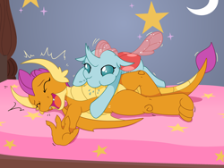 Size: 3000x2250 | Tagged: safe, artist:yipthecoyotepup, ocellus, smolder, changedling, changeling, dragon, g4, bed, cute, diaocelles, dragoness, duo, duo female, emanata, eyes closed, female, high res, laughing, on bed, open mouth, raspberry, smolderbetes, spittle, tickling, tummy buzz