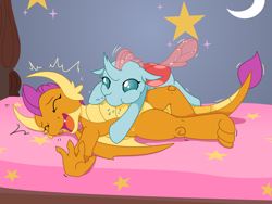 Size: 3000x2250 | Tagged: safe, artist:yipthecoyotepup, ocellus, smolder, changedling, changeling, dragon, g4, bed, cute, diaocelles, dragoness, duo, duo female, emanata, eyes closed, female, high res, laughing, lesbian, on bed, open mouth, raspberry, ship:smolcellus, shipping, smolderbetes, spittle, tickling, tummy buzz