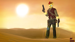 Size: 1920x1080 | Tagged: safe, artist:sky chaser, oc, oc only, oc:sky chaser, wolf, wolf pony, anthro, 3d, beard, cowboy, cowboy hat, desert, facial hair, gun, handgun, hat, male, pistol, solo, source filmmaker, sun