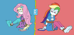 Size: 2361x1134 | Tagged: safe, artist:bugssonicx, fluttershy, rainbow dash, human, equestria girls, g4, arm behind back, barefoot, bondage, bound and gagged, cellphone, cloth gag, clothes, crying, dashsub, duo, duo female, feet, female, femsub, fluttersub, gag, help us, nightgown, over the nose gag, pajamas, phone, phone call, rainbond dash, rope, rope bondage, smartphone, socks, squirming, stocking feet, submissive, sweat, sweatdrop, teary eyes, tied up