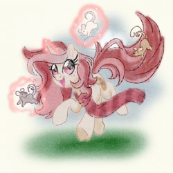 Size: 1080x1080 | Tagged: safe, artist:jen-neigh, oc, oc:red palette, pony, rat, unicorn, clothes, cute, frolic, horn, magic, pet rat, red, scarf, sketch, smiling, unicorn oc