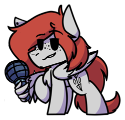 Size: 447x427 | Tagged: safe, artist:kirbirb, oc, oc:scarlett lane, pegasus, pony, freckles, friday night funkin', microphone, piercing, raised hoof, simple background, solo, white background, wing hold, wings