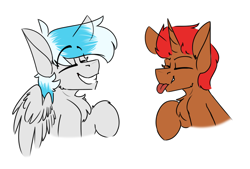 Size: 1166x789 | Tagged: safe, artist:kirbirb, oc, oc only, oc:pixel grip, pegasus, pony, unicorn, chest fluff, duo, eyes closed, simple background, tongue out, white background