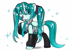 Size: 3507x2481 | Tagged: safe, artist:techycutie, alicorn, pony, alicornified, anime, clothes, cute, detached sleeves, female, hatsune miku, high res, mare, necktie, open mouth, ponified, race swap, raised hoof, shirt, simple background, socks, solo, sparkles, stockings, thigh highs, vocaloid, white background