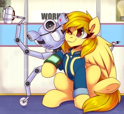 Size: 1900x1750 | Tagged: safe, artist:shadowreindeer, oc, oc:caramel drop, pegasus, pony, robot, fallout equestria, commission, fallout, heart, mister handy, ych result