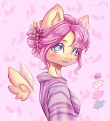 Size: 2156x2372 | Tagged: safe, artist:zefirka, fluttershy, pegasus, anthro, g4, alternate hairstyle, breasts, cute, ear fluff, floating wings, high res, shyabetes, solo, wings