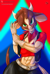 Size: 1066x1564 | Tagged: safe, artist:project00wolfen, arizona (tfh), cow, anthro, them's fightin' herds, abs, abstract background, belt, clothes, community related, female, gloves, lasso, midriff, muscles, muscular female, neckerchief, pants, rope, shirt, smiling, smirk, solo, vest
