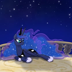 Size: 2048x2048 | Tagged: safe, artist:pfeffaroo, princess luna, alicorn, pony, g4, balcony, ethereal mane, female, high res, looking away, lying down, mare, night, outdoors, solo, starry mane, stars, wings