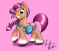 Size: 4229x3696 | Tagged: safe, artist:knicky-knack, sunny starscout, earth pony, pony, g5, badge, bag, braid, coat markings, female, grin, high res, looking at you, mare, pink background, raised hoof, signature, simple background, smiling, socks (coat markings), solo, teeth, unshorn fetlocks