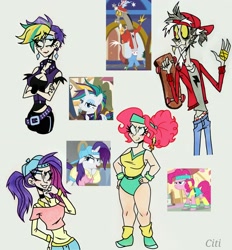 Size: 2472x2662 | Tagged: safe, alternate version, artist:citi, screencap, discord, pinkie pie, rarity, human, a matter of principals, baby cakes, friendship university, g4, it isn't the mane thing about you, alternate hairstyle, breasts, disguise, high res, how do you do fellow kids, humanized, plainity, punk, raripunk, scene interpretation, screencap reference, workout outfit