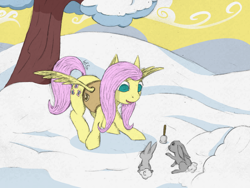 Size: 1600x1200 | Tagged: safe, artist:lef-fa, fluttershy, pegasus, pony, rabbit, g4, winter wrap up, animal, bell, no pupils, snow, solo, tree, winter wrap up vest