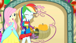 Size: 3410x1920 | Tagged: safe, screencap, fluttershy, rainbow dash, twilight sparkle, a photo booth story, equestria girls, g4, my little pony equestria girls: summertime shorts, bare shoulders, belt, clothes, cute, cutie mark, cutie mark on clothes, dashabetes, eyes closed, fall formal outfits, female, grin, offscreen character, open mouth, shyabetes, sleeveless, smiling, strapless