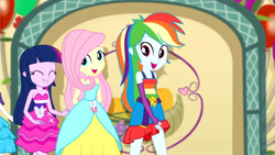 Size: 3410x1920 | Tagged: safe, screencap, fluttershy, rainbow dash, rarity, twilight sparkle, a photo booth story, equestria girls, g4, my little pony equestria girls: summertime shorts, bare shoulders, belt, bracelet, clothes, cute, cutie mark, cutie mark on clothes, dashabetes, eyes closed, fall formal outfits, female, grin, jewelry, offscreen character, open mouth, shyabetes, sleeveless, smiling, strapless, twiabetes